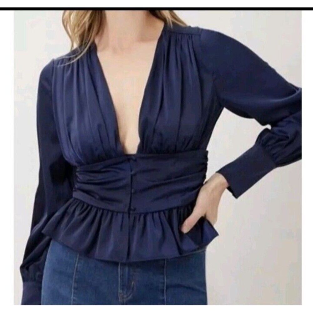 Jason Wu Blouse Small Women's Satin Cinched Waist Peplum Hem Shimmery Blue